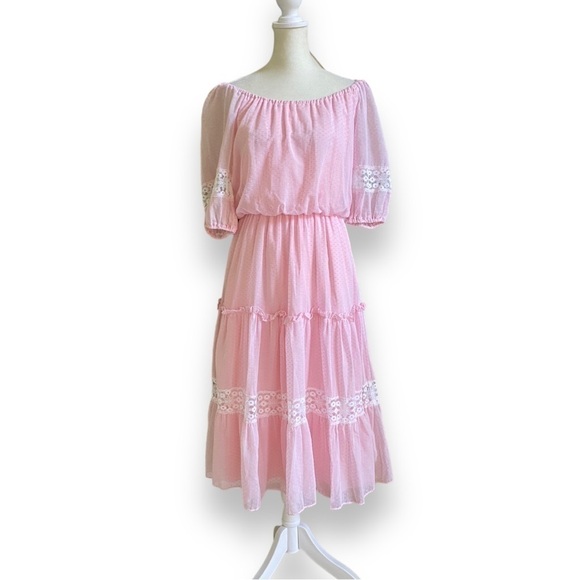 Vintage Roberta California Light Pink Puff Sleeve Midi Prairie Dress | S… - Picture 1 of 15